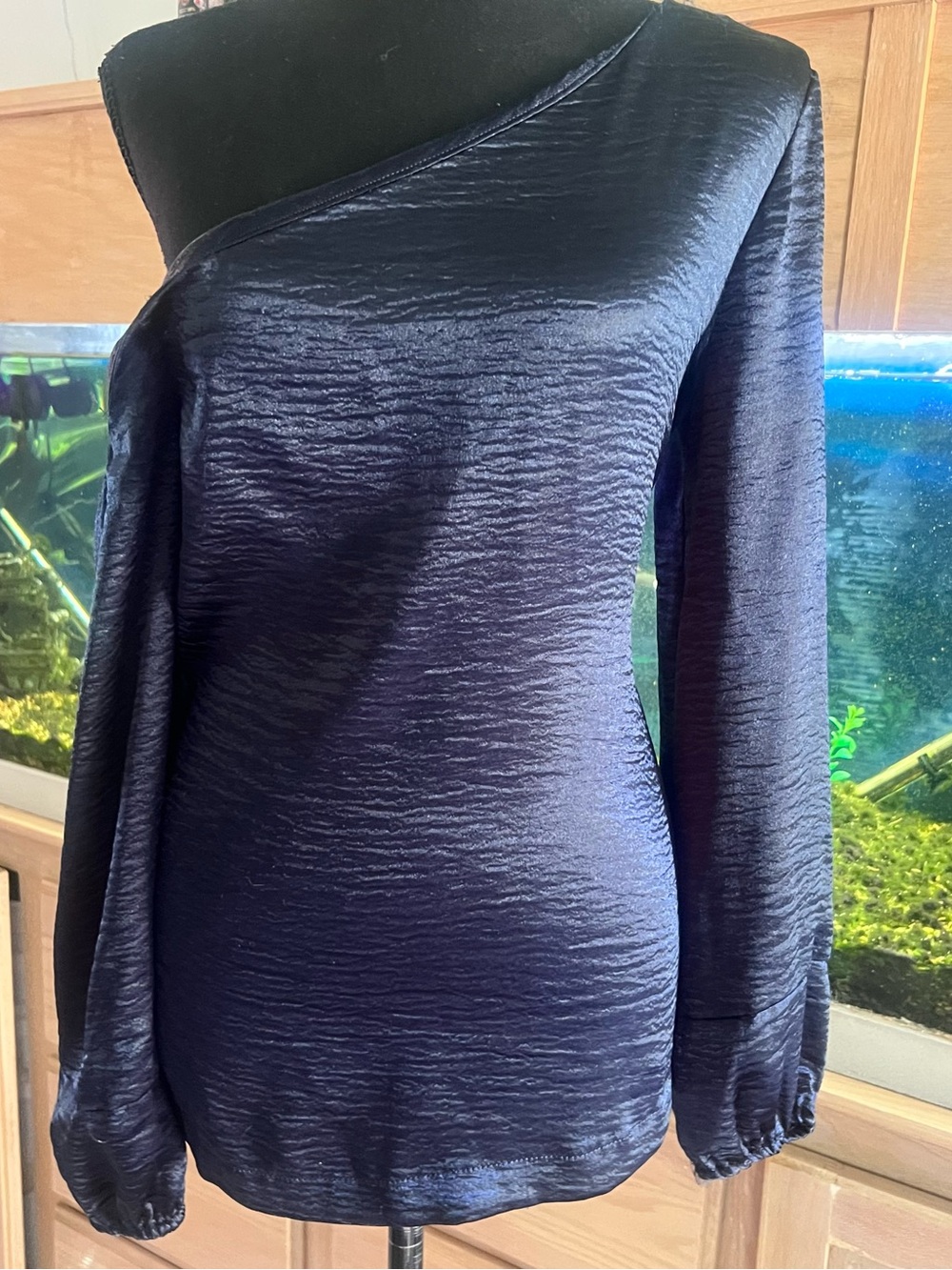 LOFT satin blue One-Shoulder Long-Sleeve blouse